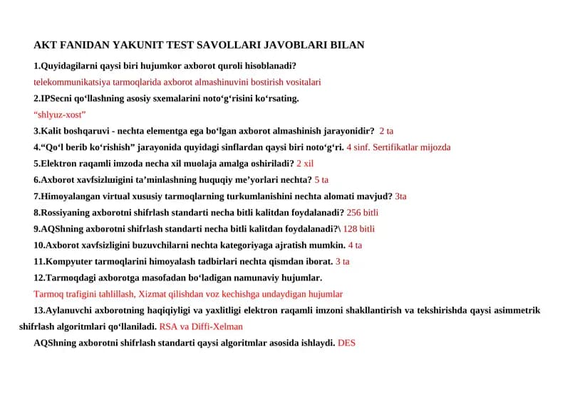 AKT FANIDAN YAKUNIT TEST SAVOLLARI JAVOBLARI BILAN