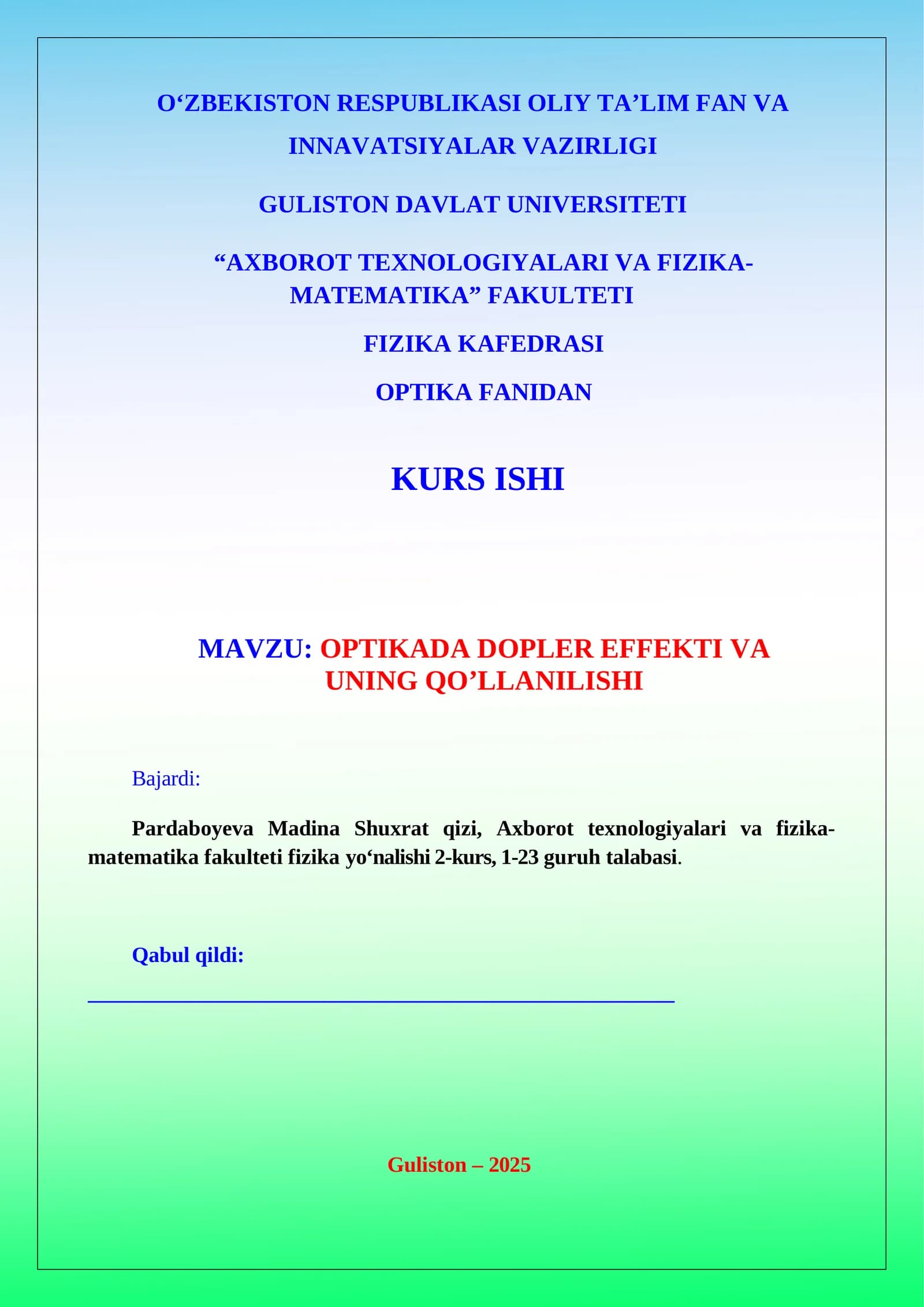 Optikada Dopler effekti va uning qo’llanilishi