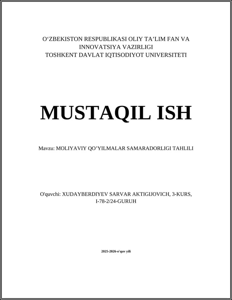 Moliyaviy Qo'yilmalar Samaradorligi Tahlili