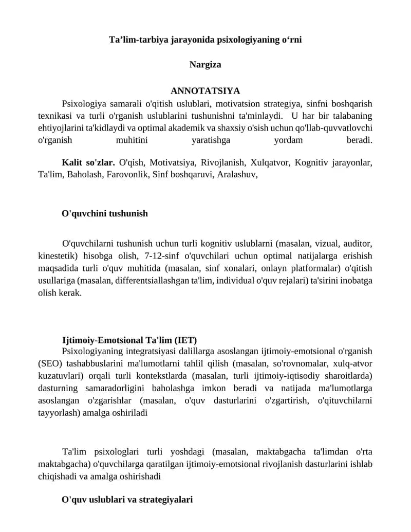 Psixologiya O'qitish Usullari