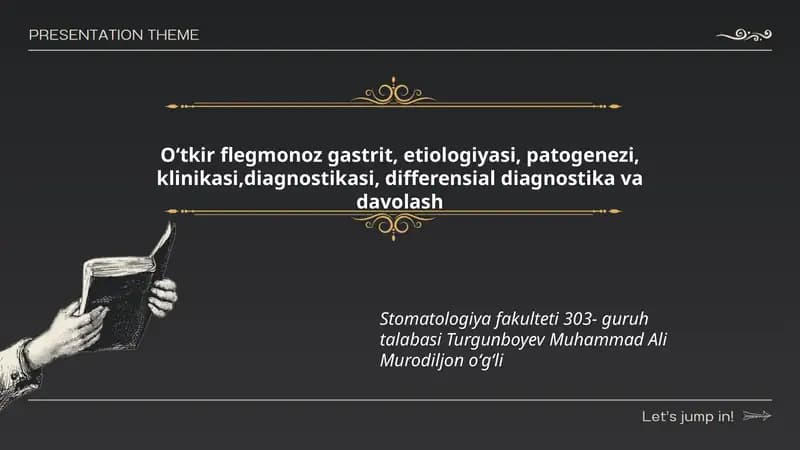 Oʻtkir flegmonoz gastrit, etiologiyasi, patogenezi, klinikasi,diagnostikasi, differensial diagnostika va davolash