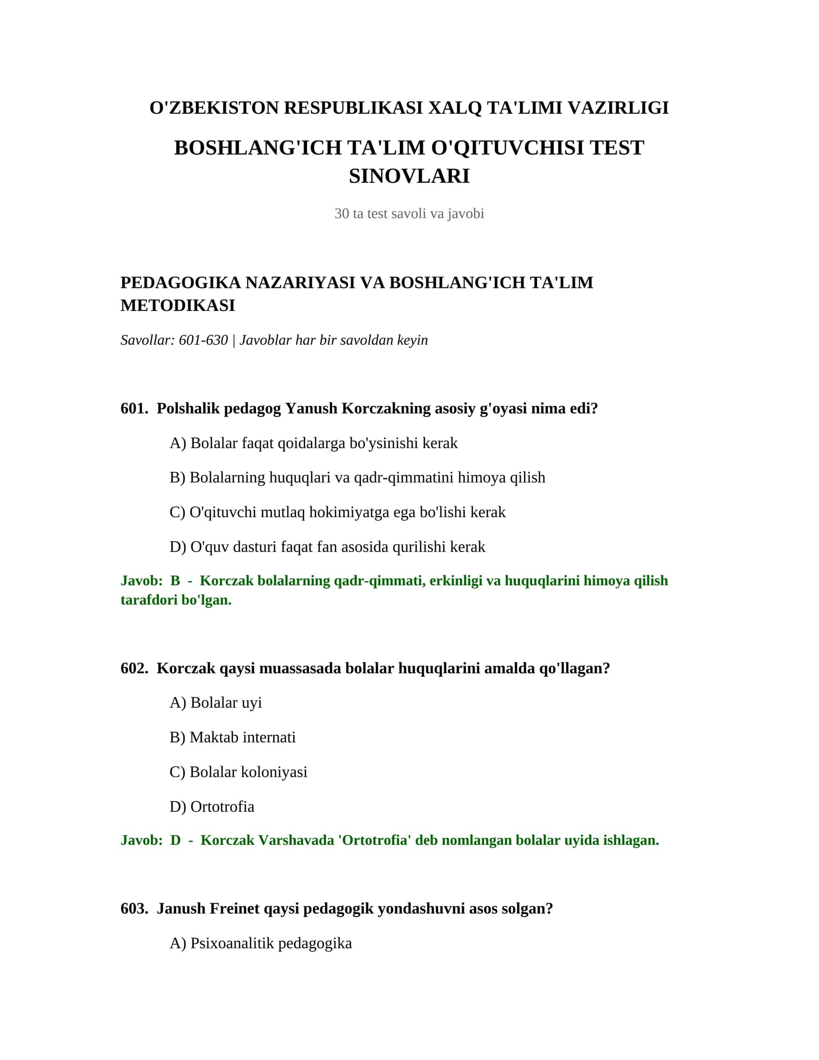 BOSHLANG'ICH TA'LIM O'QITUVCHISI TEST SINOVLARI