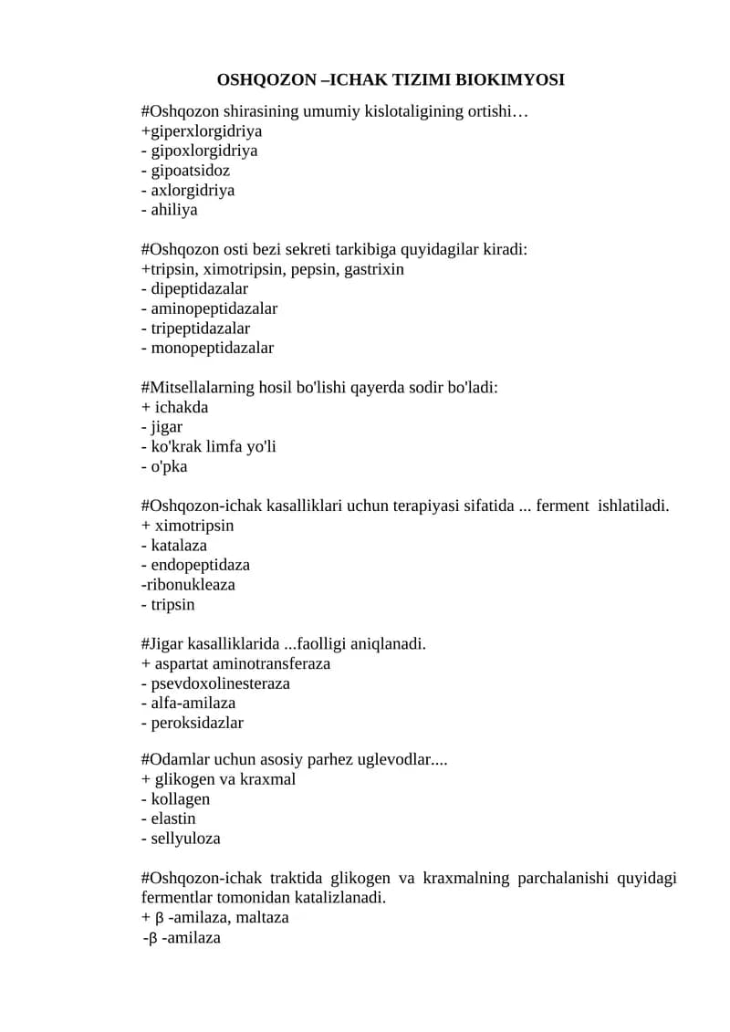 OSHQOZON –ICHAK TIZIMI BIOKIMYOSI