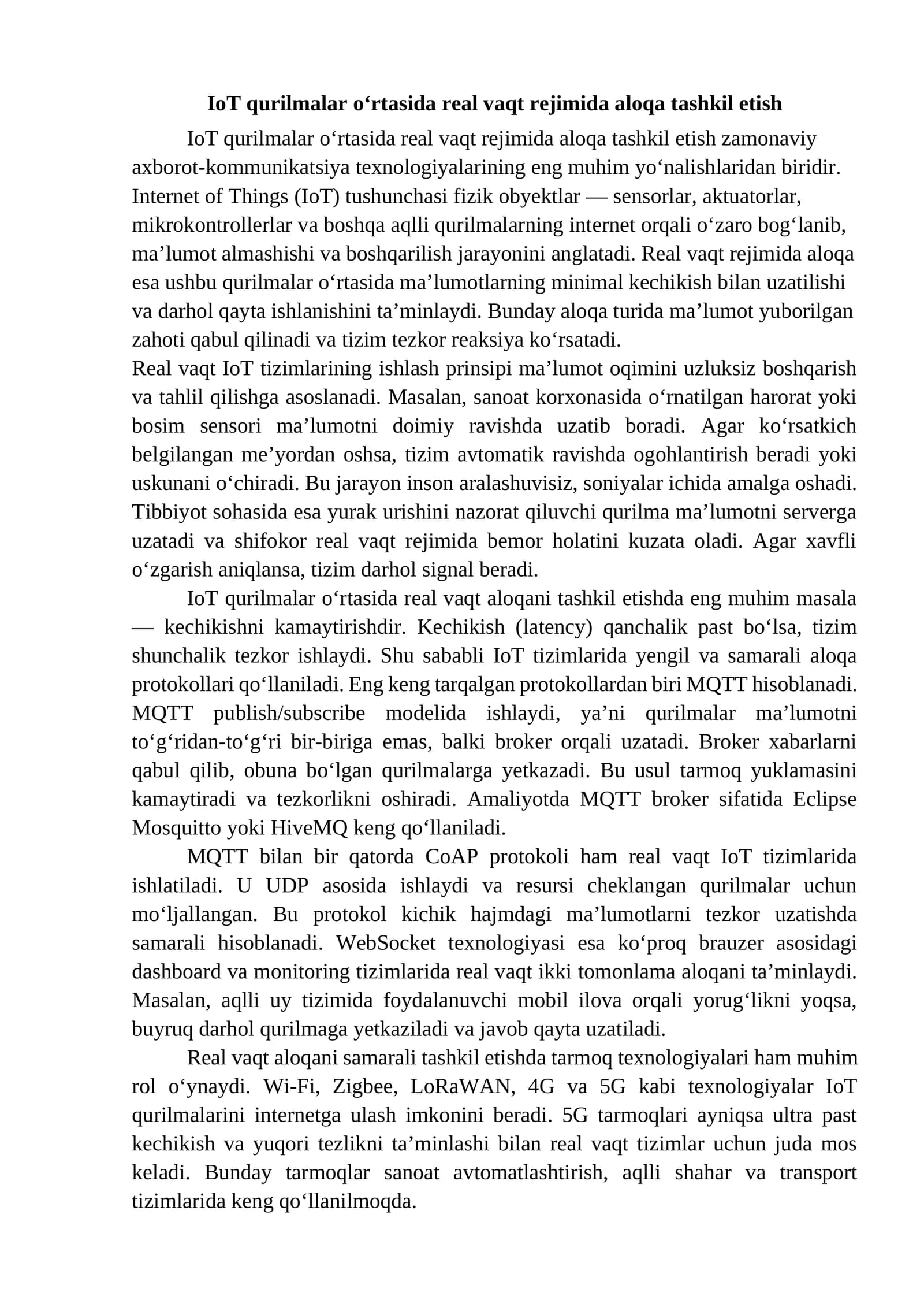 IoT qurilmalar o‘rtasida real vaqt rejimida aloqa tashkil etish