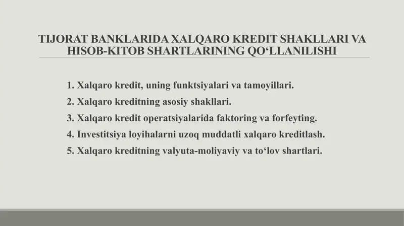 TIJORAT BANKLARIDA XALQARO KREDIT SHAKLLARI VA HISOB-KITOB SHARTLARINING QО‘Llanilishhi