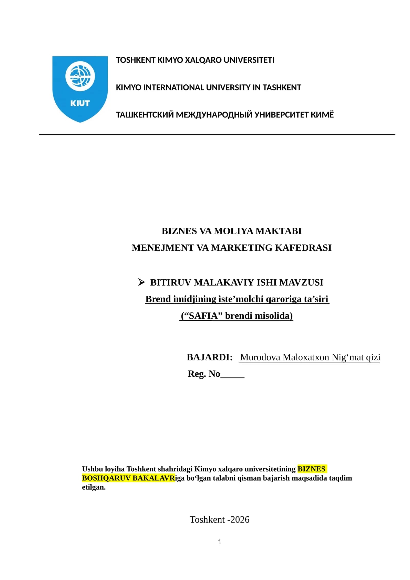 BMI. Brend imidjining iste’molchi qaroriga ta’siri (“SAFIA” brendi misolida)