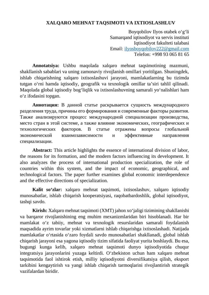 XALQARO MEHNAT TAQSIMOTI VA IXTIOSLASHLUV