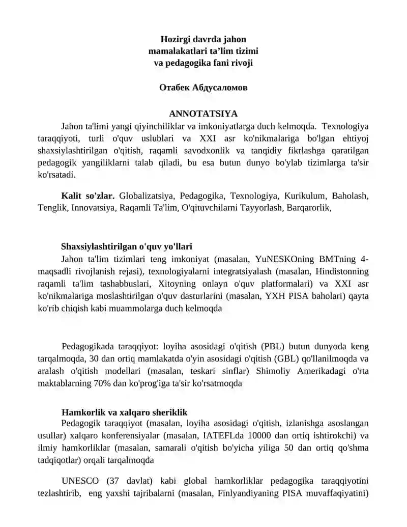 Pedagogika va Jahon ta'lim tizimlari