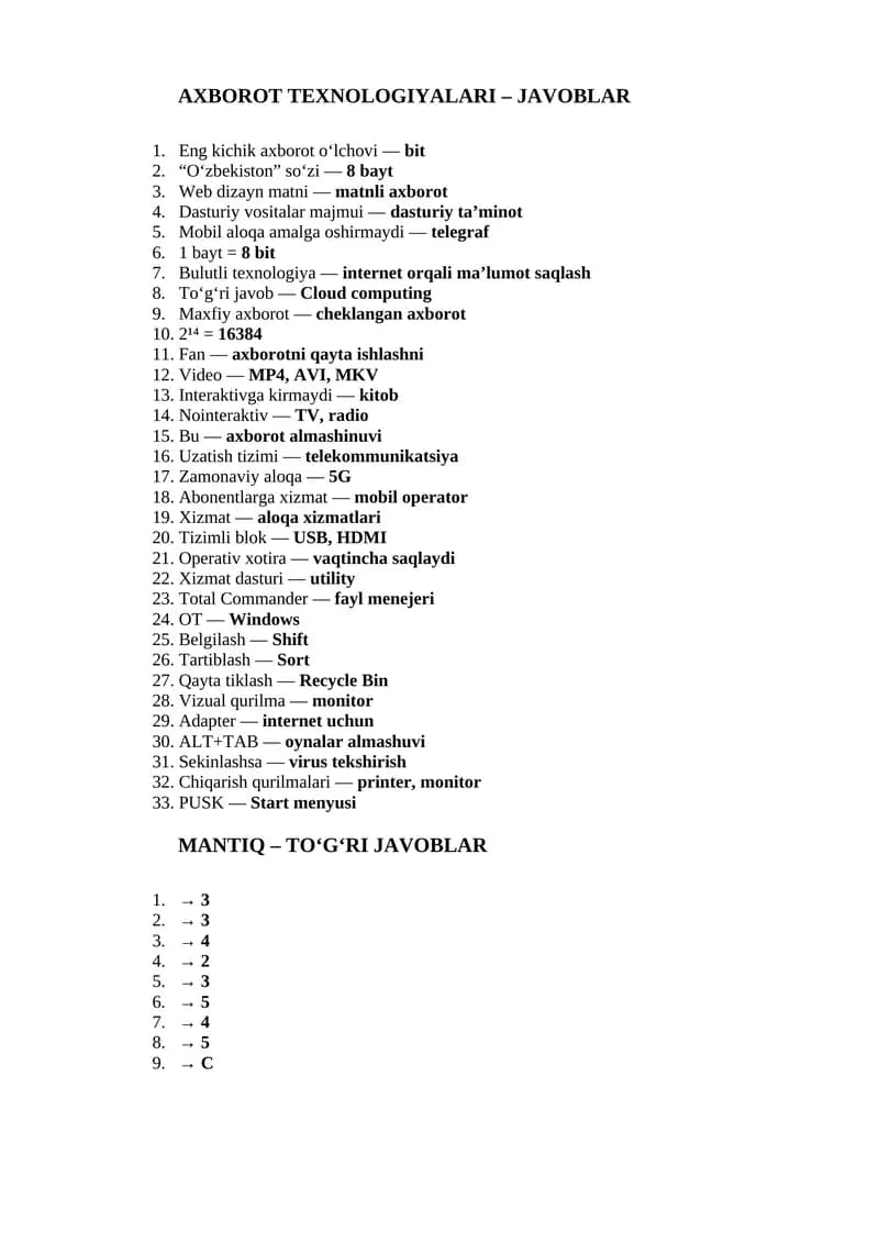 AXBOROT TEXNOLOGIYALARI – JAVOBLAR