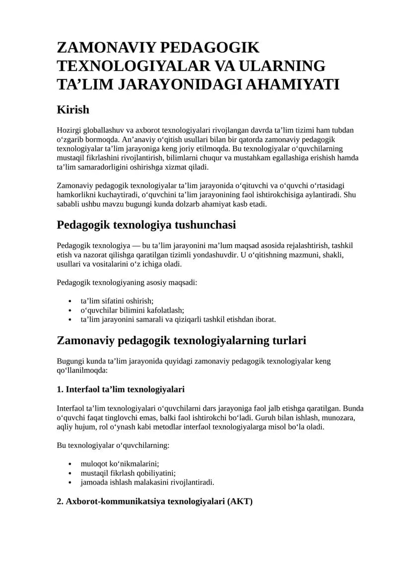 Zamonaviy Pedagogik Texnologiyalar