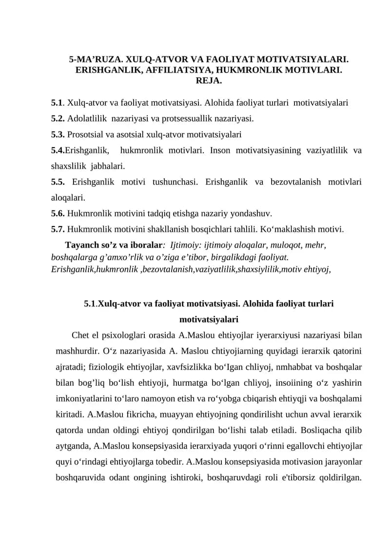 5-MA’RUZA. XULQ-ATVOR VA FAOLIYAT MOTIVATSIYALARI