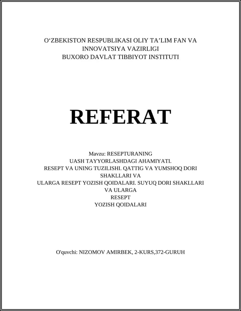 RESEPTURANING UASH TAYYORLASHDAGI AHAMIYATI
