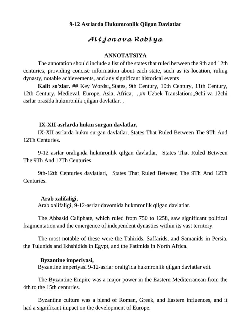 9-12 Asrlarda Hukumronlik Qilgan Davlatlar