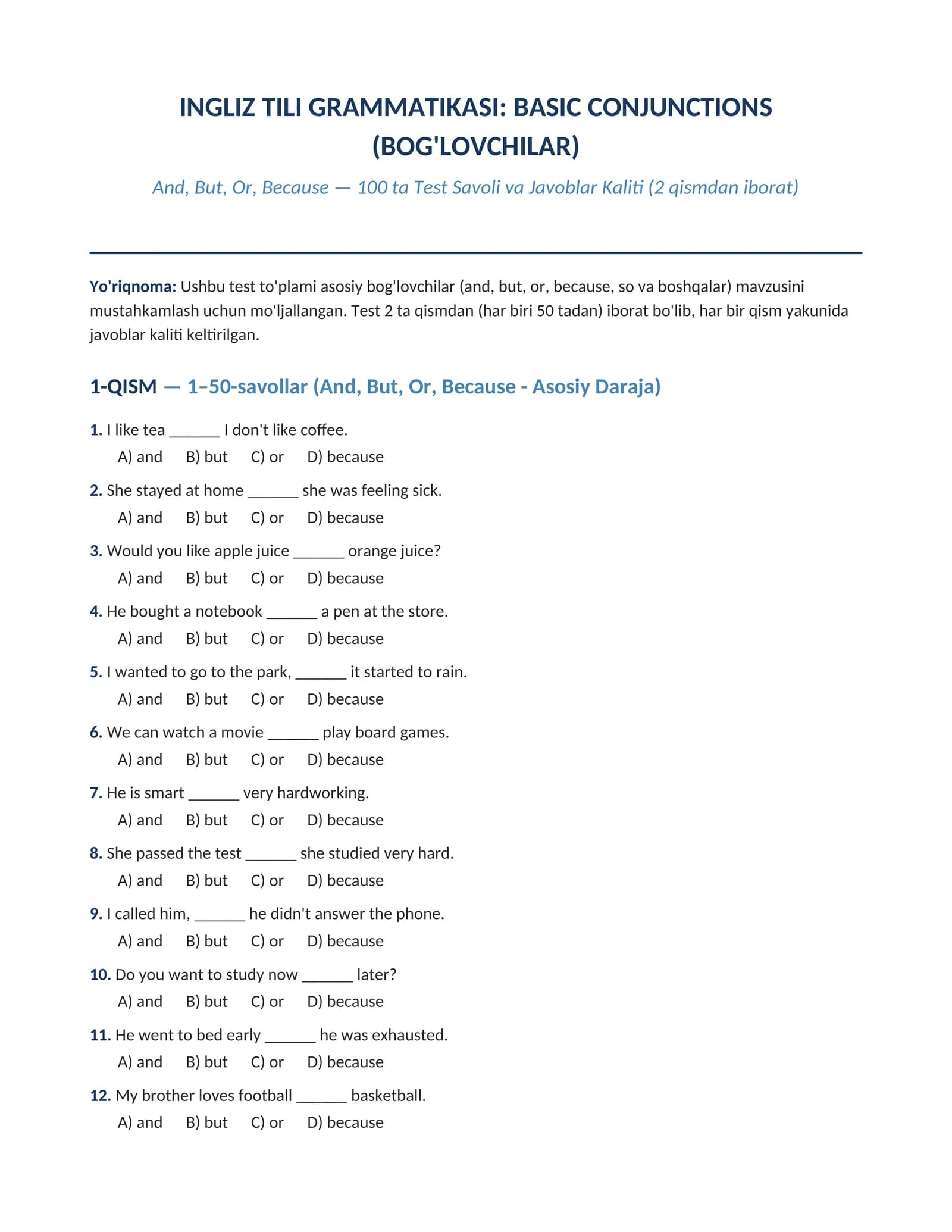 INGLIZ TILI GRAMMATIKASI: BASIC CONJUNCTIONS  (BOG'LOVCHILAR)