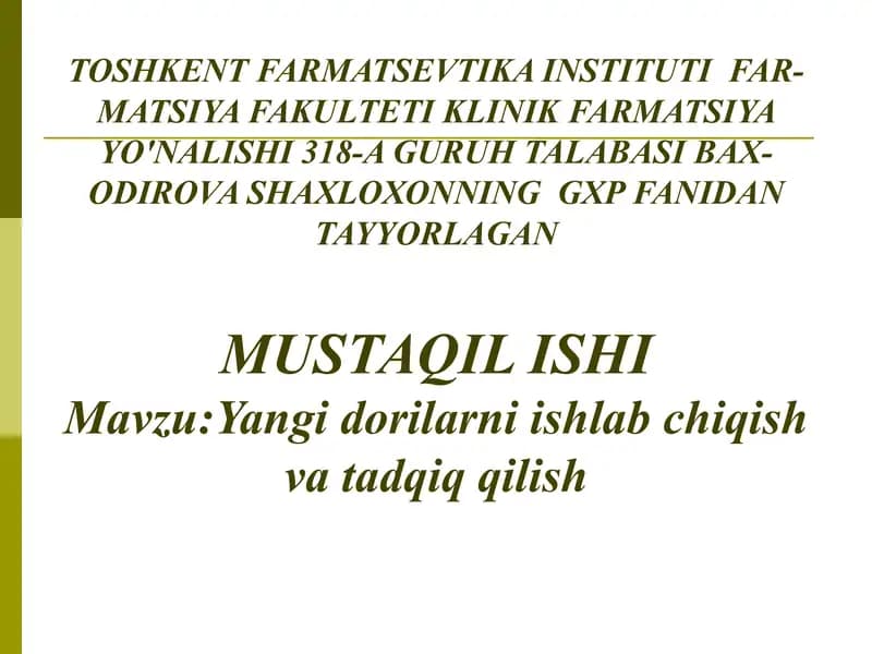 TOSHKENT FARMATSEVTIKA INSTITUTI FARMATSIYA FAKULTETI KLINIK FARMATSIYA YO'NALISHI