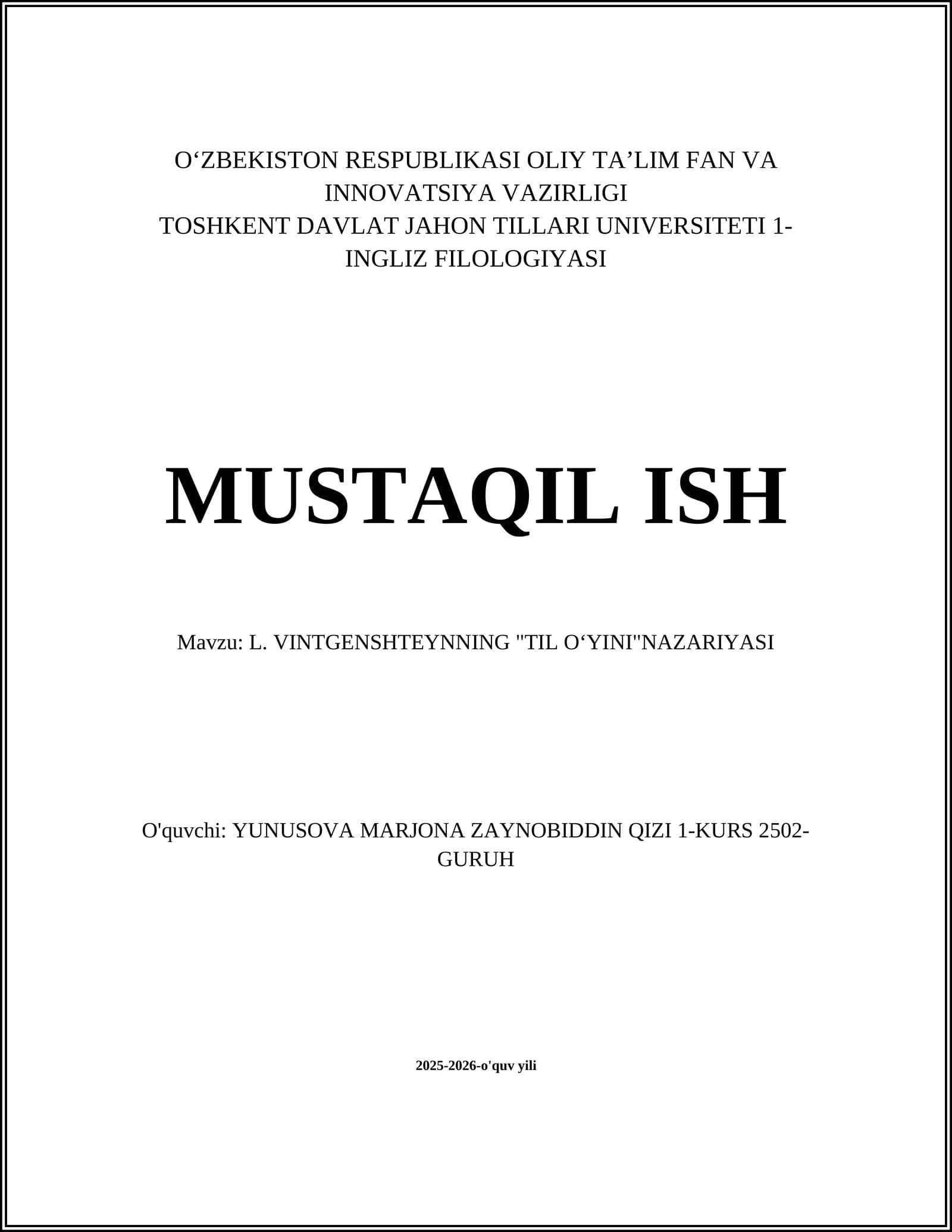 L. VINTGENSHTEYNNING "TIL OʻYINI"NAZARIYASI