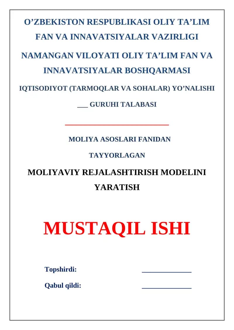 Moliyaviy rejalashtirish modelini yaratish