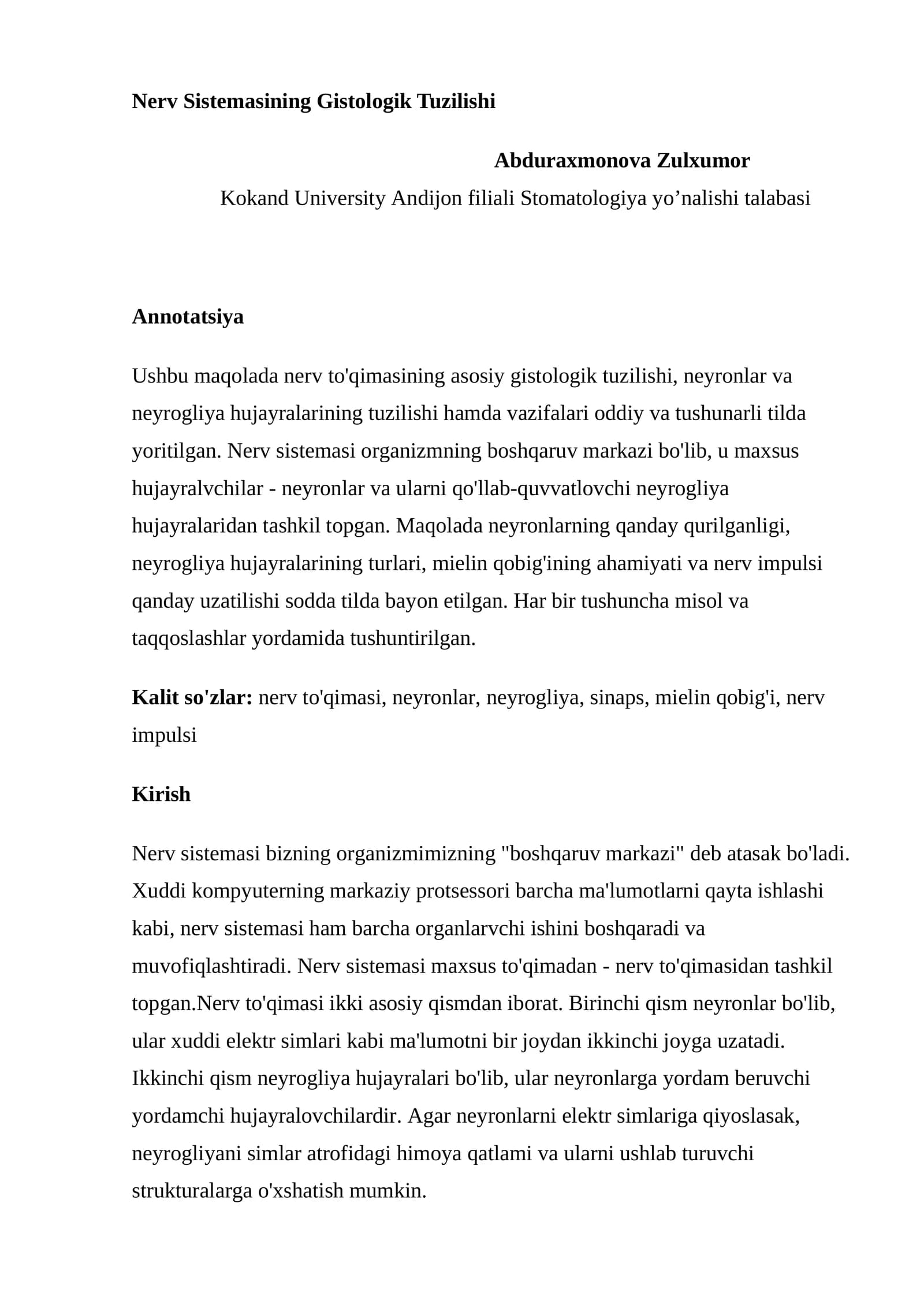 Nerv Sistemasining Gistologik Tuzilishi