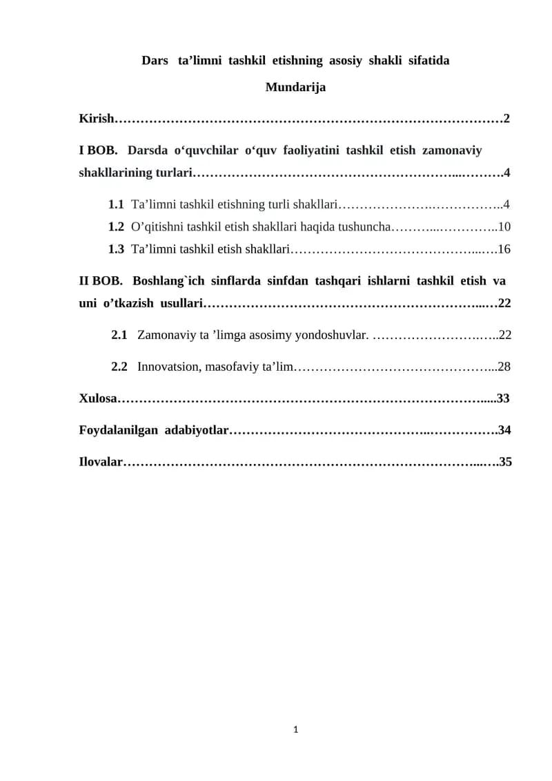Dars ta’limni tashkil etishning asosiy shakli sifatida