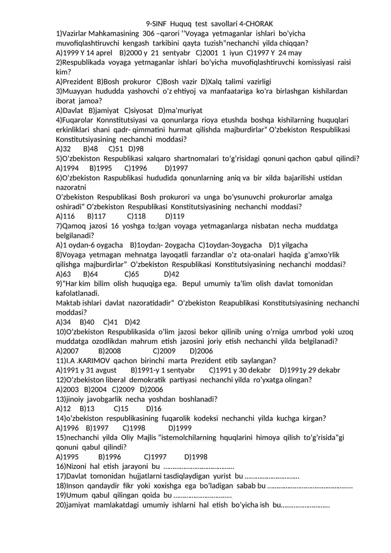 9-SINF Huquq test savollari 4-CHORAK