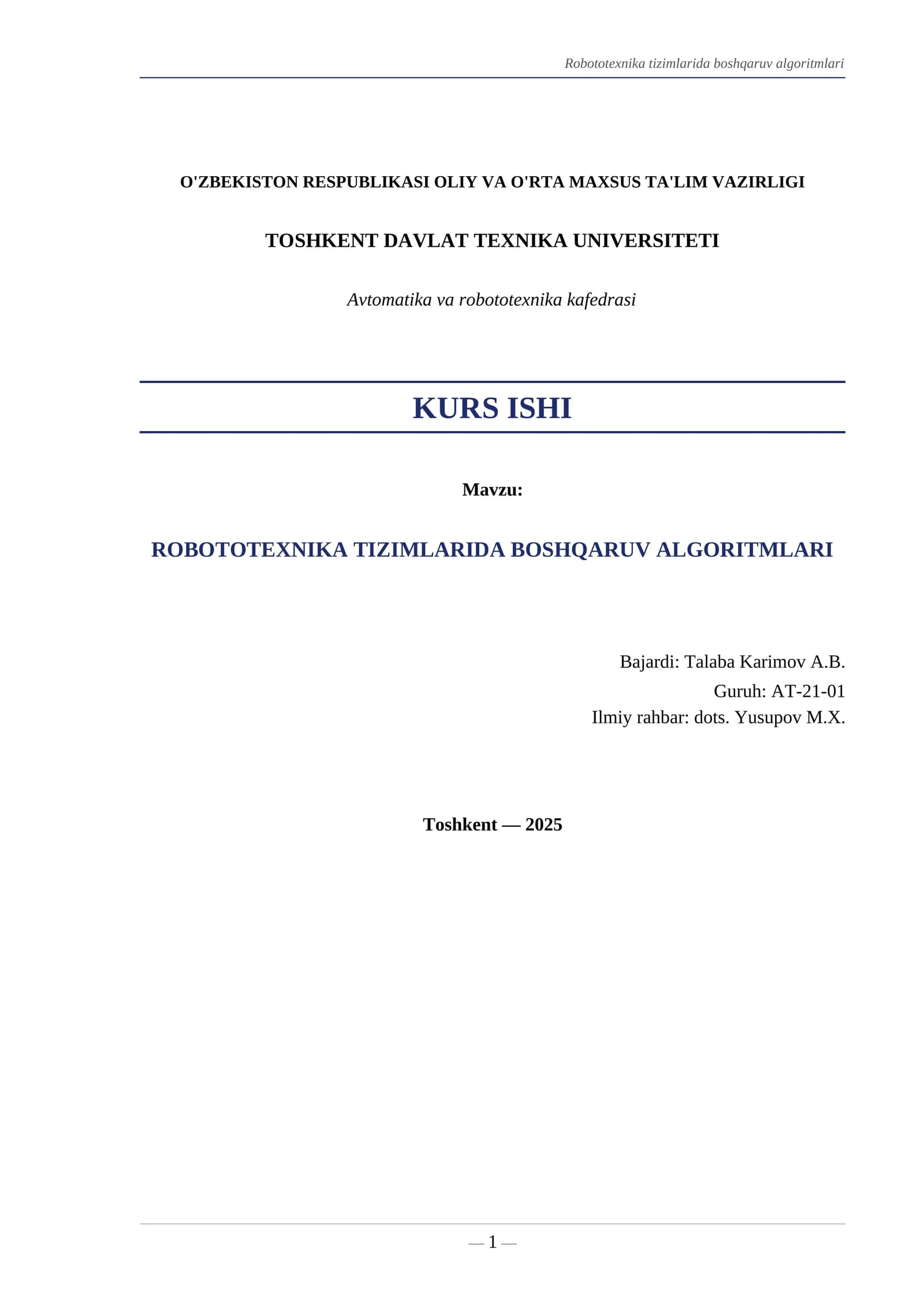 ROBOTOTEXNIKA TIZIMLARIDA BOSHQARUV ALGORITMLARI