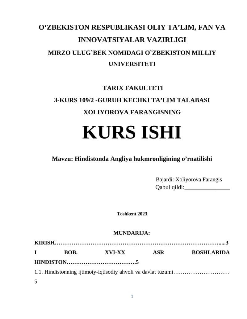 Hindistonda Angliya hukmronligining o’rnatilishi