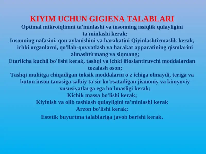 KIYIM UCHUN GIGIENA TALABLARI
