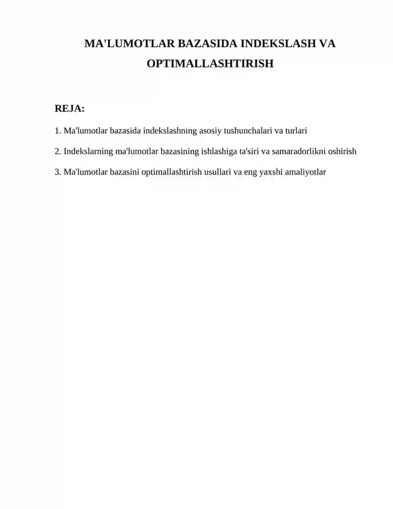 Ma'lumotlar bazasida indekslash va optimallashtirish