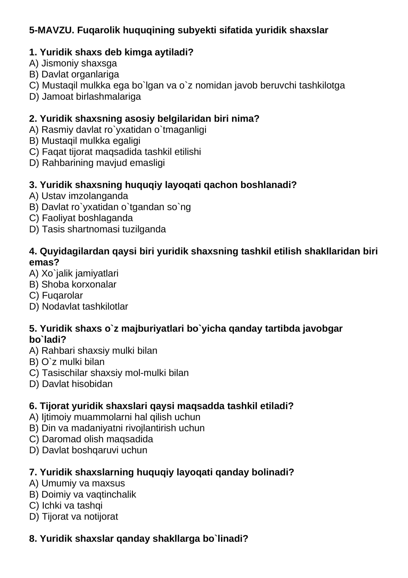 Fuqarolik huquqining subyekti sifatida yuridik shaxslar