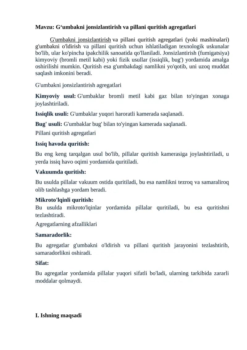 G'umbakni jonsizlantirish va pillani quritish agregatlari