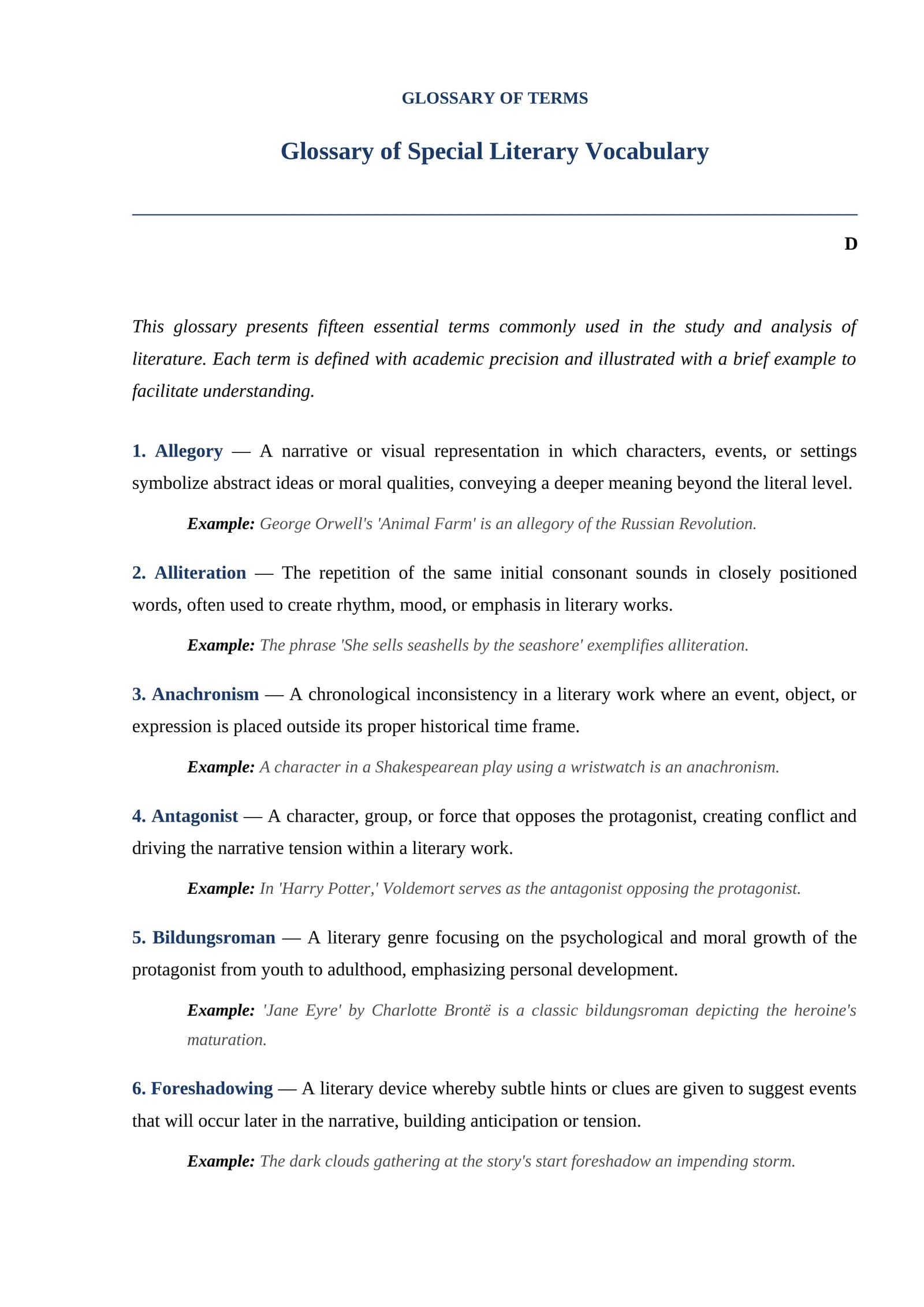Glossary of Special Literary Vocabulary