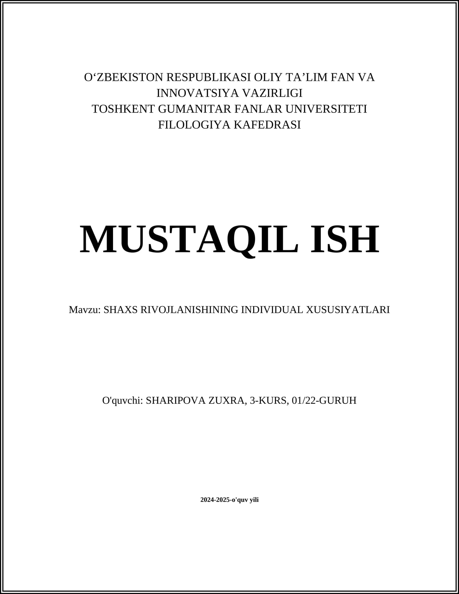 SHAXS RIVOJLANISHINING INDIVIDUAL XUSUSIYATLARI