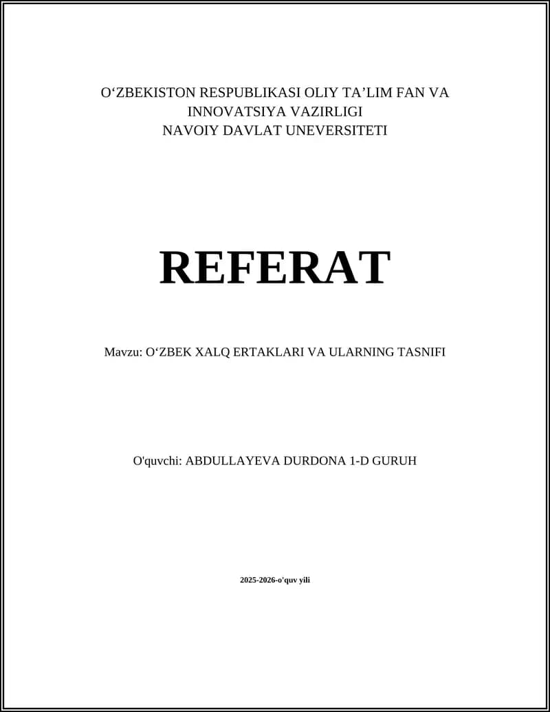Oʻzbek Xalq Ertaklari va Ularning Tasnifi