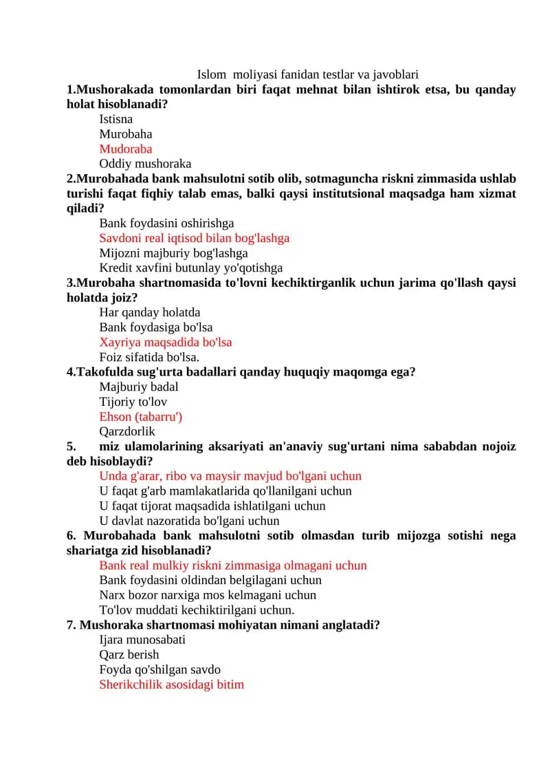 Islom moliyasi fanidan testlar va javoblari