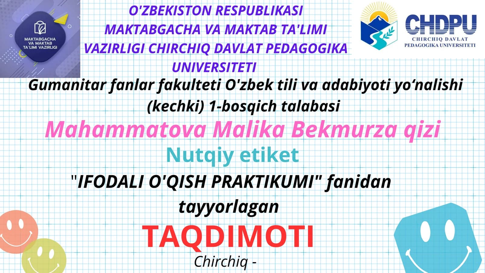 IFODALI O'QISH PRAKTIKUMI