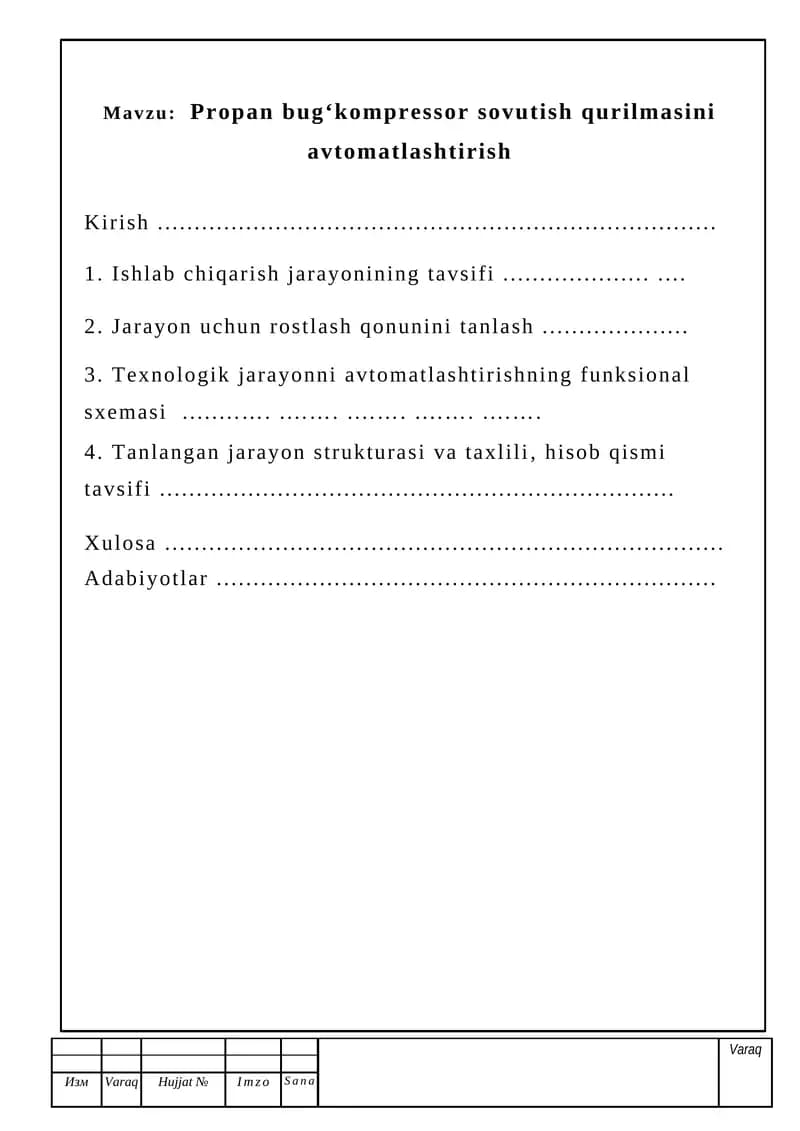 Propan bug‘kompressor sovutish qurilmasini avtomatlashtirish