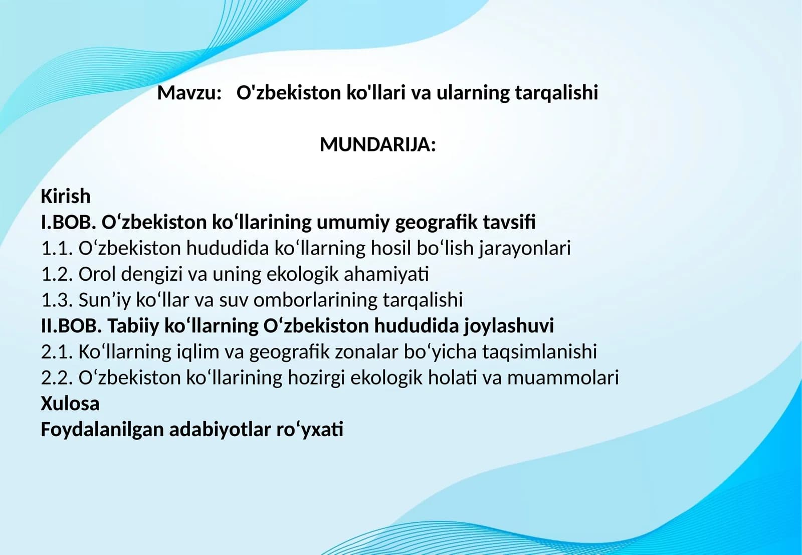 O'zbekiston ko'llari va ularning tarqalishi