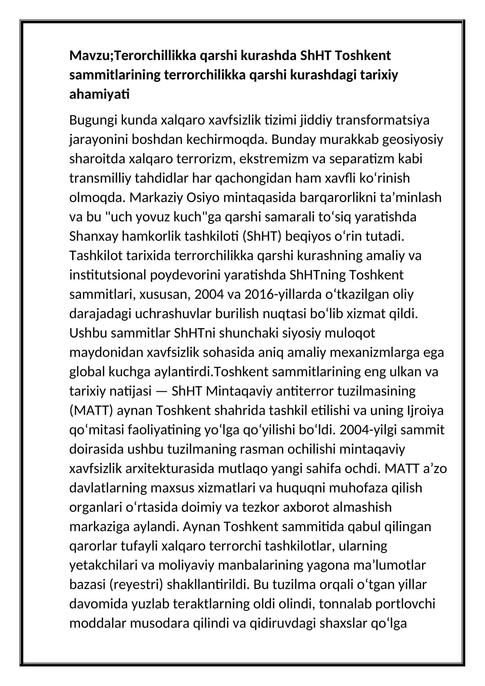 terrorga qarshi kurashda shht toshkent