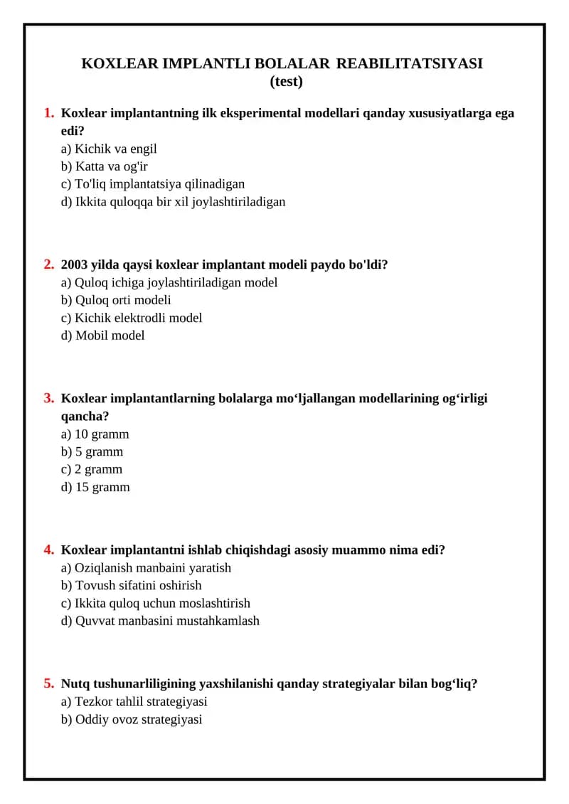 Koxlear implantli bolalar reabilitatsiyasi (TEST)