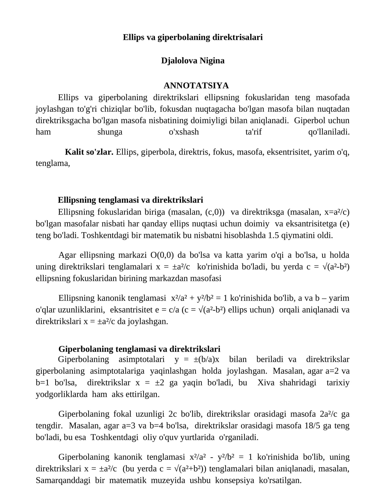 Ellips va giperbolaning direktrisalari