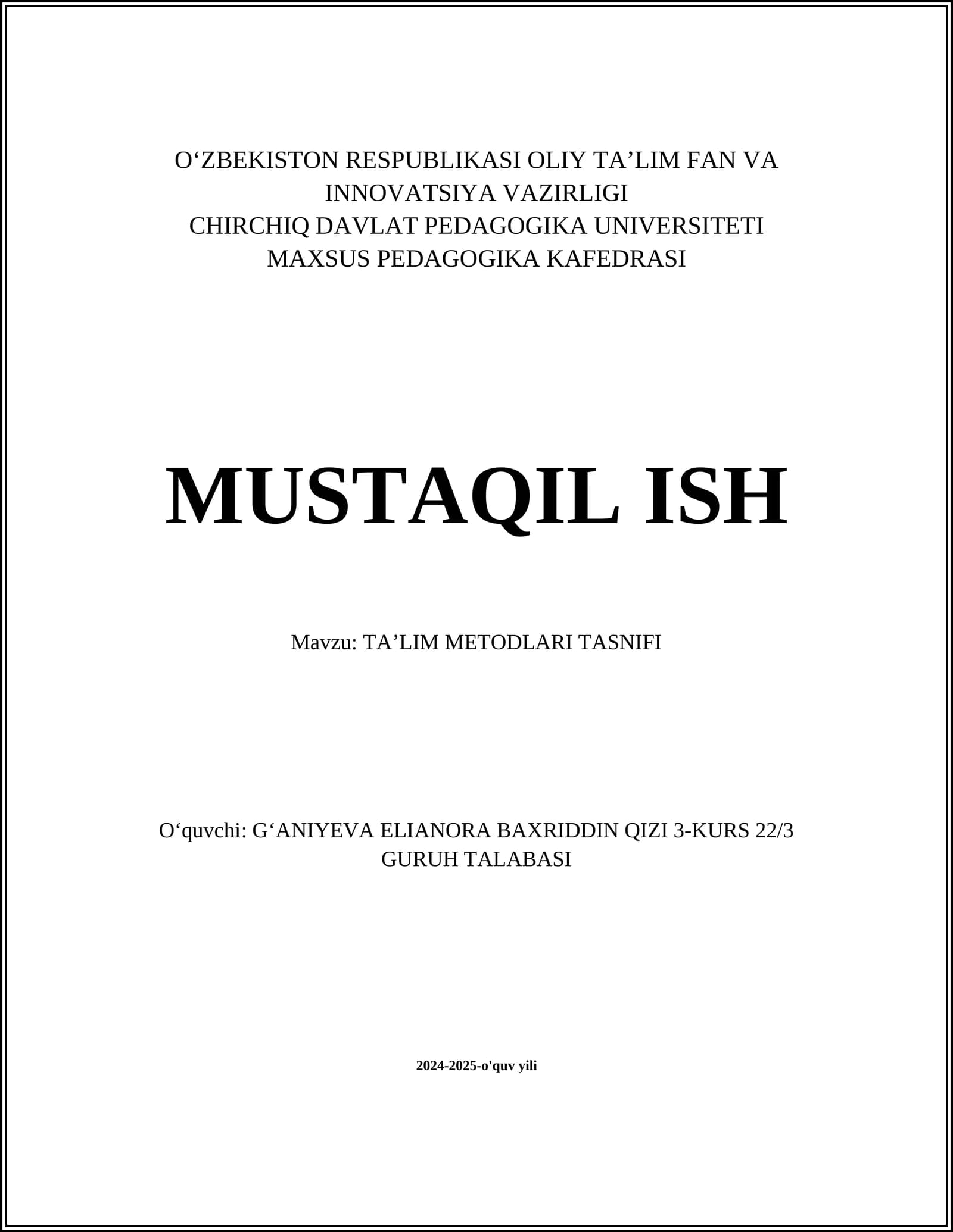 TAʼLIM METODLARI TASNIFI