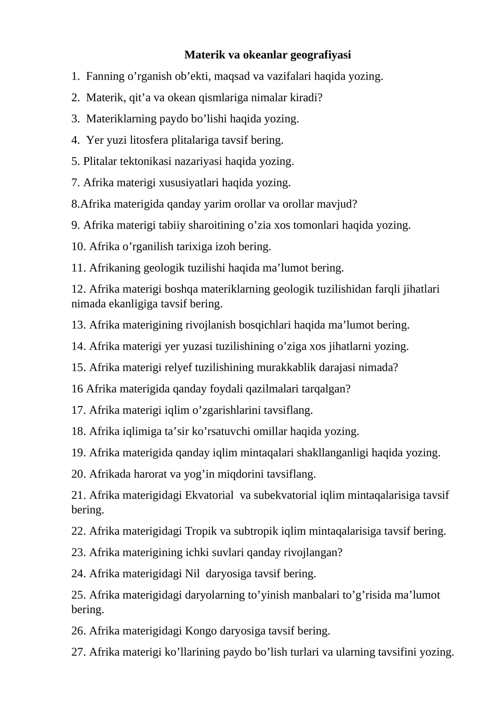 Materik va okeanlar geografiyasi ON savollari