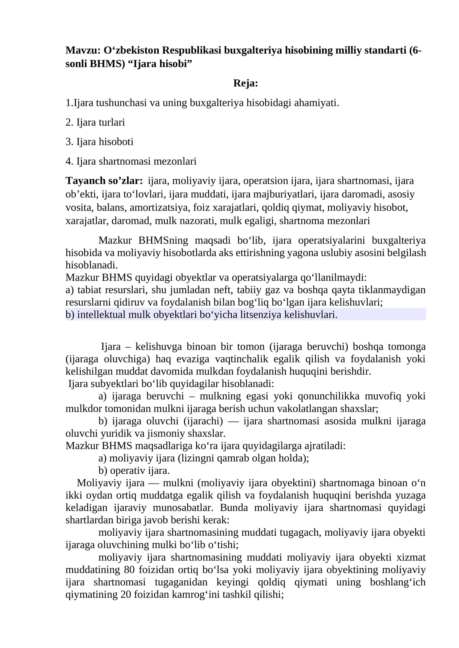 O‘zbekiston Respublikasi buxgalteriya hisobining milliy standarti (6-sonli BHMS) “Ijara hisobi”