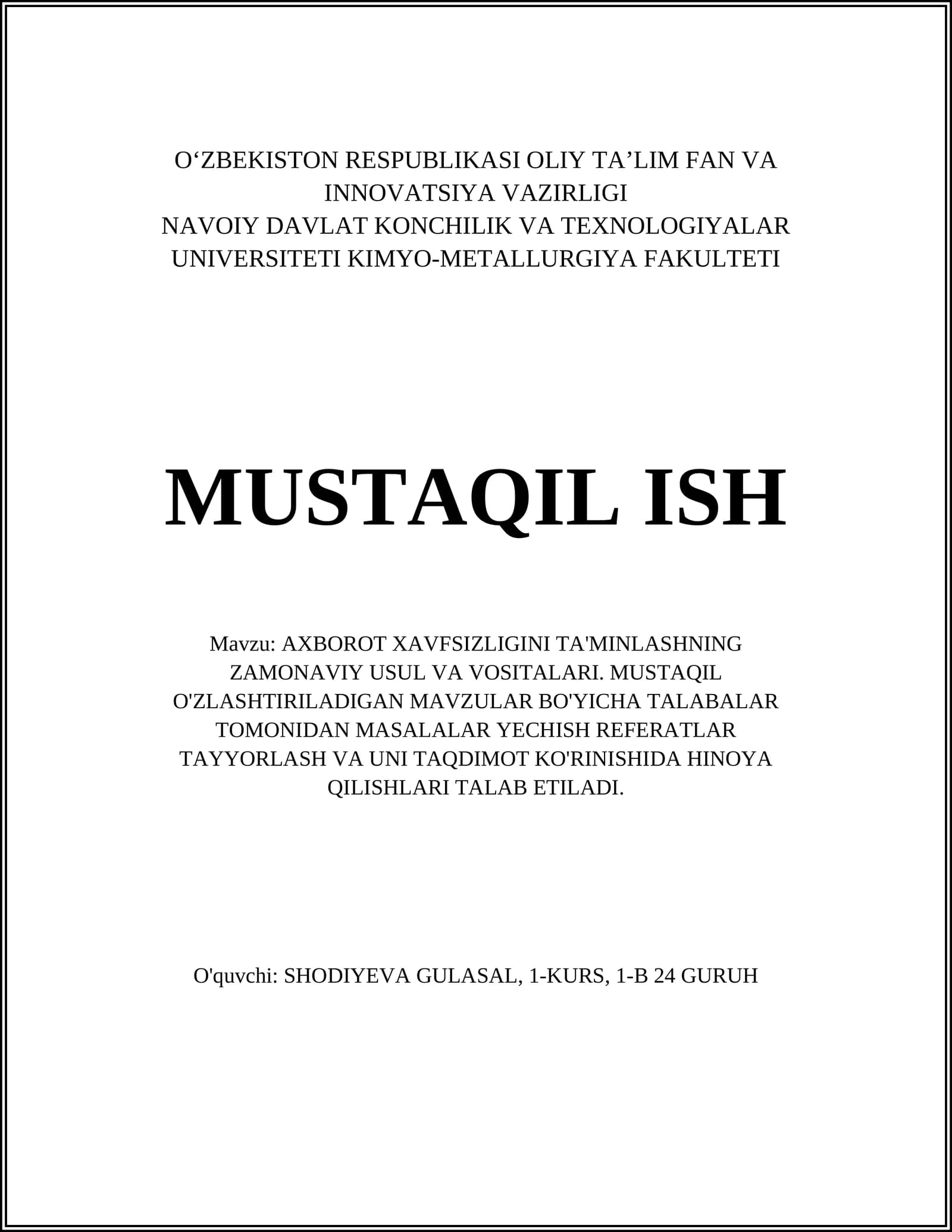 AXBOROT XAVFSIZLIGINI TA'MINLASHNING ZAMONAVIY USUL VA VOSITALARI