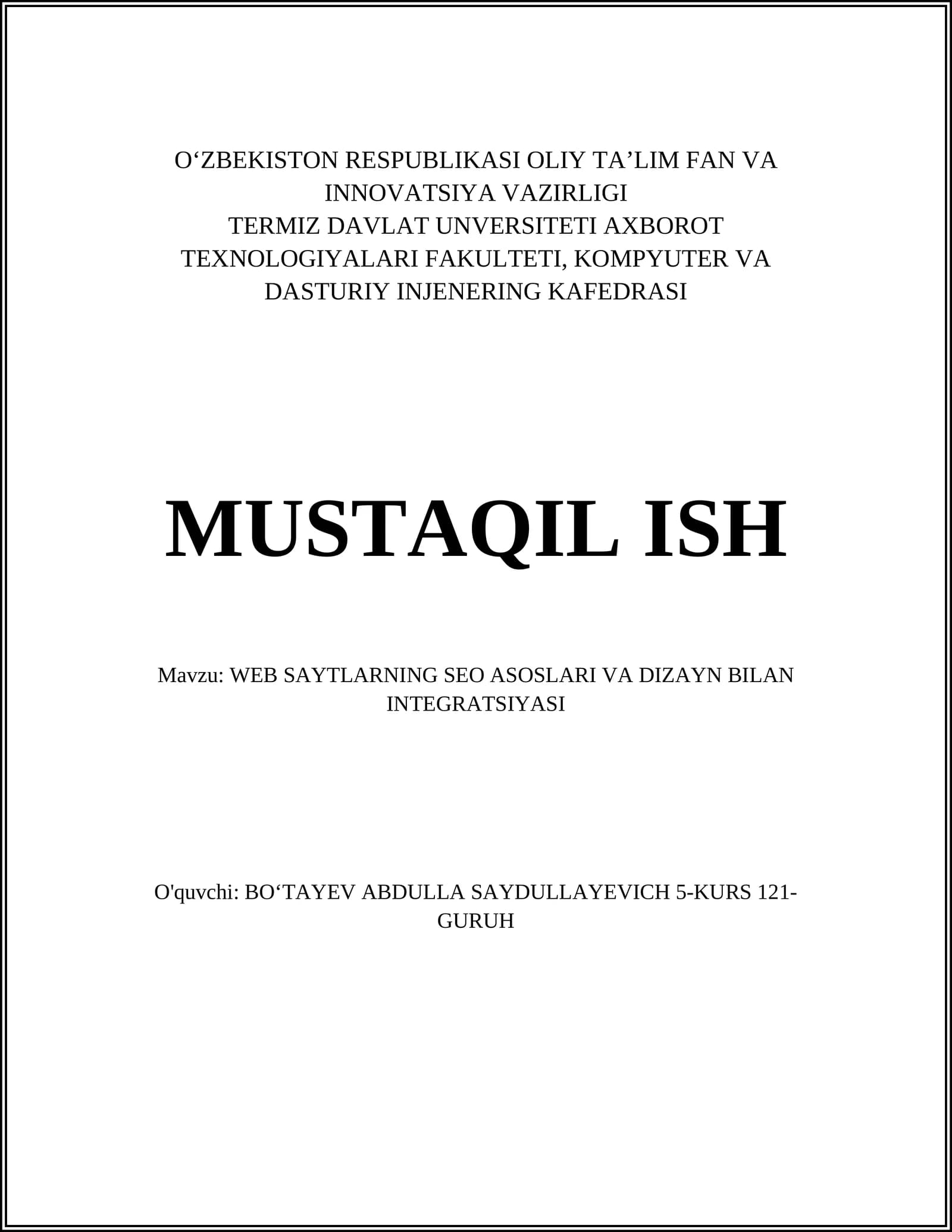 WEB SAYTLARNING SEO ASOSLARI VA DIZAYN BILAN INTEGRATSIYASI