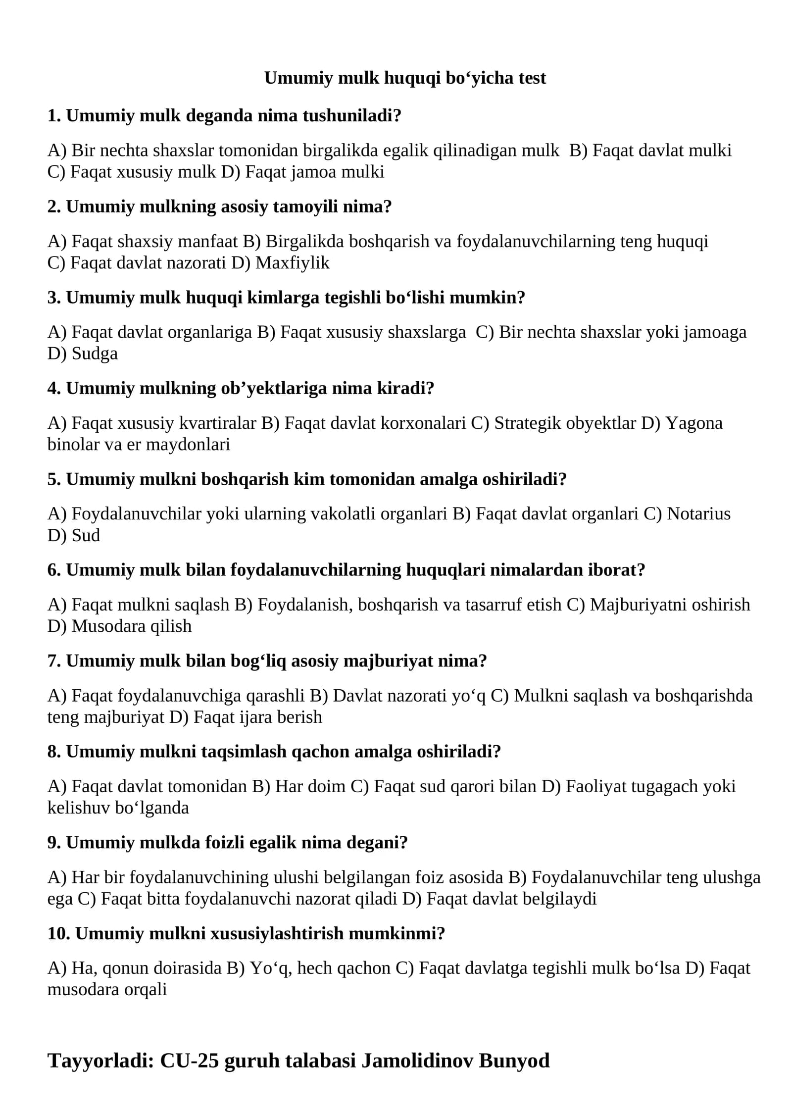 Umumiy mulk huquqi bo‘yicha test