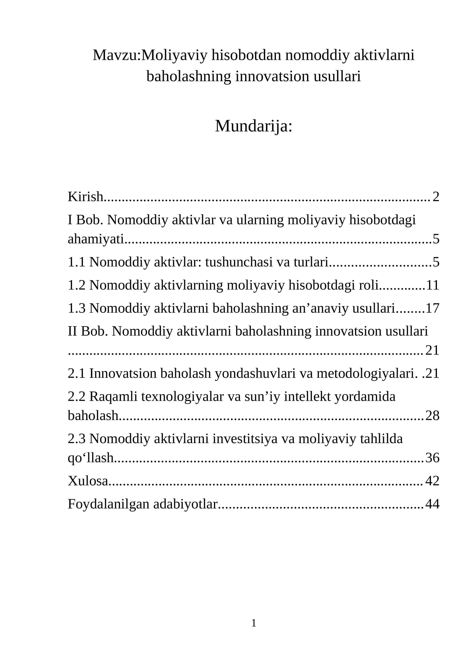 Moliyaviy hisobotdan nomoddiy aktivlarni baholashning innovatsion usullari