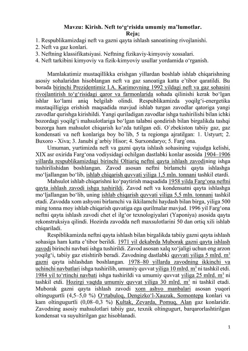 Neft to‘g‘risida umumiy ma’lumotlar