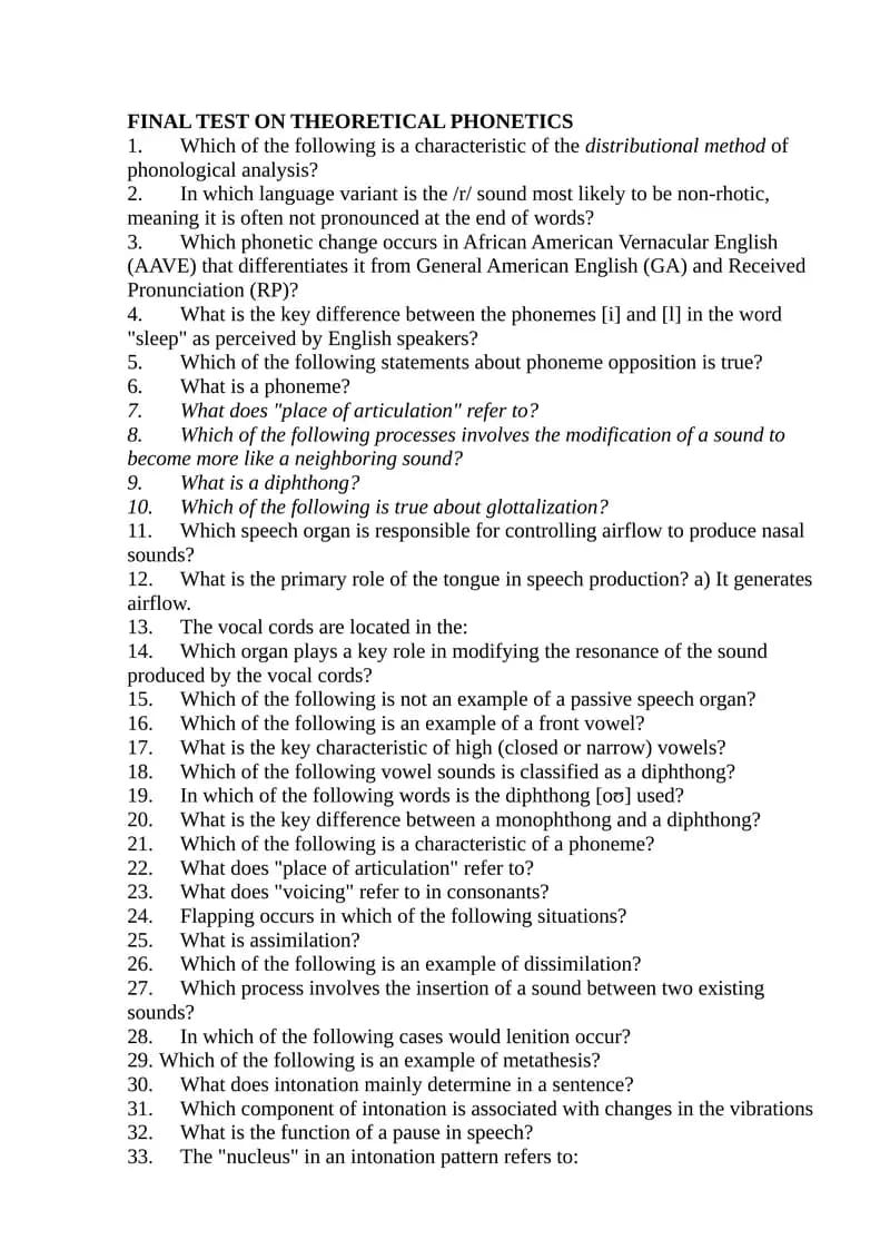 FINAL TEST ON THEORETICAL PHONETICS