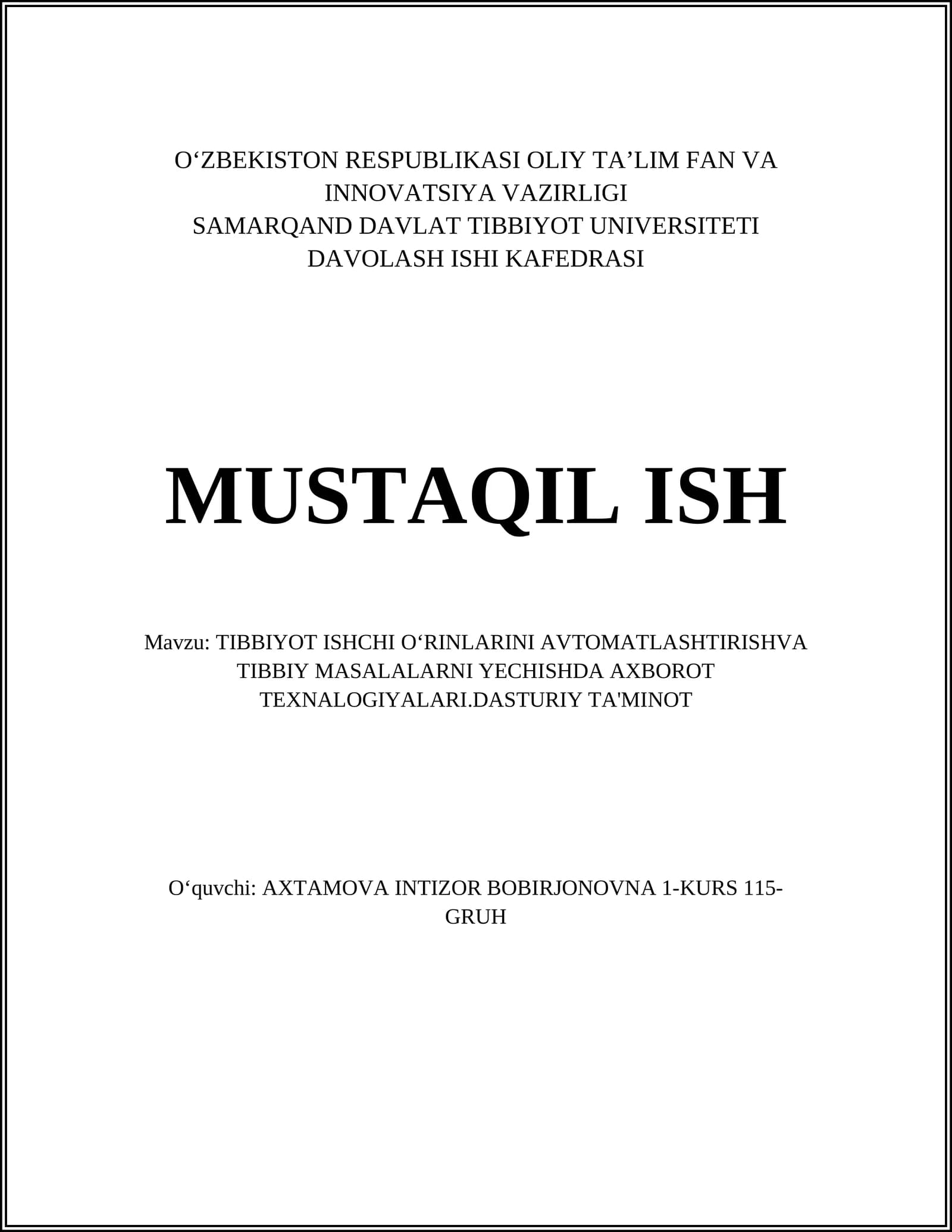 TIBBIYOTDA SUN'IY INTELLEKT YORDAMIDA TASHXIS QO'YISH